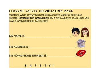 Preview of STUDENT SAFETY INFORMATION PAGE/NAME/ADDRESS/PHONE