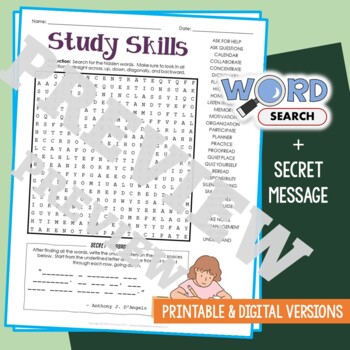 Preview of STUDY SKILLS Word Search Puzzle Activity Vocabulary Worksheet Secret Message