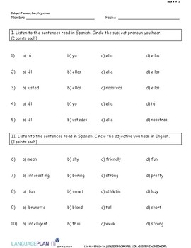 Preview of SUBJECT PRONOUN, SER, ADJECTIVE AGREEMENT TEST SPANISH)