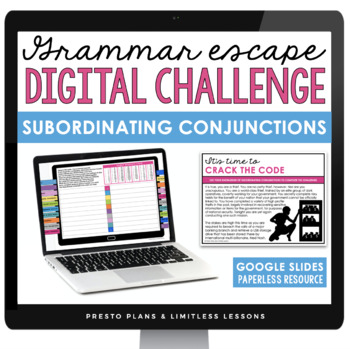 Preview of Subordinating Conjunctions Escape Room Grammar Digital Activity, Slides & Quiz