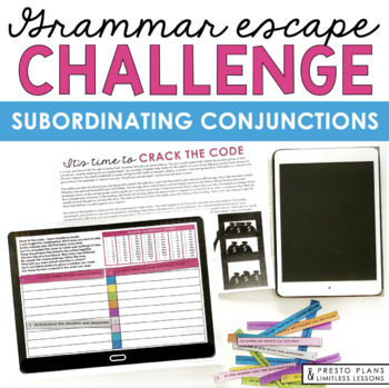 Preview of Subordinating Conjunctions Grammar Activity Escape Challenge, Slides, & Quiz