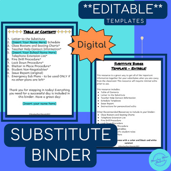 Preview of SUBSTITUTE BINDER | **EDITABLE** | Middle School Band, Chorus, General Music | D