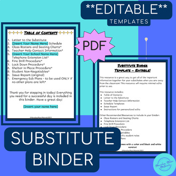Preview of SUBSTITUTE BINDER | Middle School Band, Chorus, General Music | Print