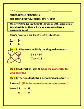 Preview of SUBTRACTION OF FRACTIONS: CRISS-CROSS METHOD: EASY, FUN & QUICK GRS: 3-8