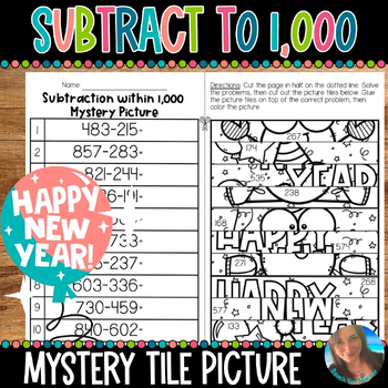 Preview of SUBTRACTION WITHIN 1,000 | NEW YEAR MYSTERY PICTURE TILES | 2.NR.2 | 2.NBT.B.7