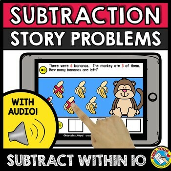 Preview of STORY SUBTRACTION WORD PROBLEMS KINDERGARTEN MATH BOOM CARDS ACTIVITY