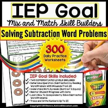 Preview of SUBTRACTION WORD PROBLEMS - IEP Goal Skill Builder Worksheets Special Education