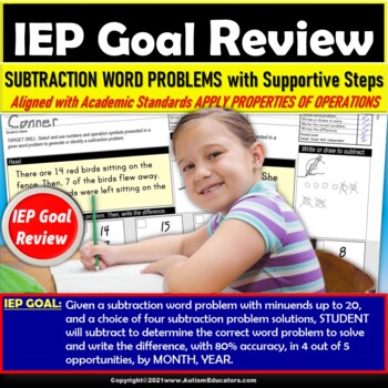 Preview of SUBTRACTION WORD PROBLEMS Worksheets | IEP Goal Review for Special Education