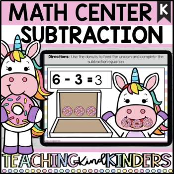 Preview of SUBTRACTION within 10 Kindergarten Digital Math Center Google Unicorns + Donuts 