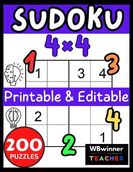 Preview of SUDOKU 200 PUZZLES | EASY MEDIUM HARD 4*4 | Editable & PRINTABLE