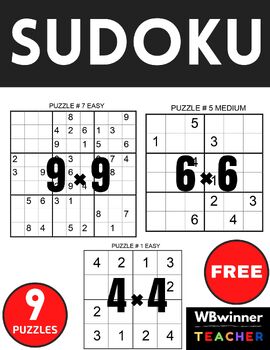 Preview of SUDOKU 9 PUZZLES | EASY – MEDIUM - HARD 4*4 6*6 9*9 | PRINTABLES