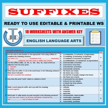 Preview of SUFFIXES: 18 WORKSHEETS WITH ANSWER KEY