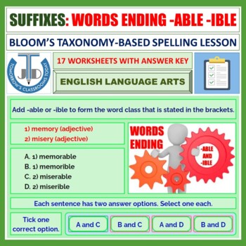 Preview of SUFFIXES - WORDS ENDING -ABLE AND -IBLE: 17 WORKSHEETS WITH ANSWERS