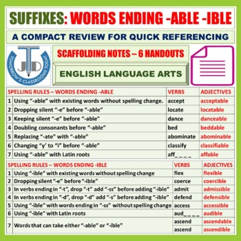 Preview of SUFFIXES - WORDS ENDING -ABLE AND -IBLE: SCAFFOLDING NOTES