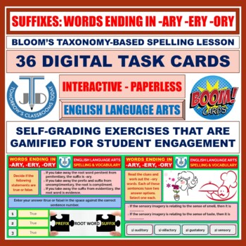 Preview of SUFFIXES - WORDS ENDING IN -ARY, -ERY AND -ORY: 36 BOOM CARDS