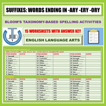 Preview of SUFFIXES - WORDS ENDING IN -ARY -ERY -ORY: WORKSHEETS & ANSWERS - 15 EXERCISES