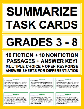 Preview of SUMMARIZE TASK CARDS: 20 ACTIVITIES: GRADES 3 - 6