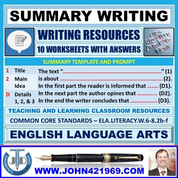 Preview of SUMMARY WRITING - 10 WORKSHEETS WITH ANSWERS