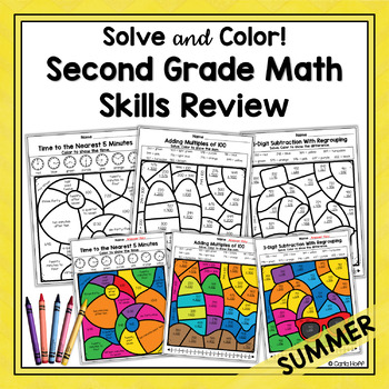 Preview of SECOND GRADE MATH SKILLS - Regrouping, Time, Money - Summer Color by Code
