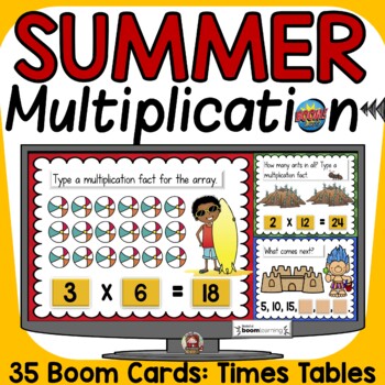 Preview of SUMMER ACTIVITY THEMED: MULTIPLICATION: BOOM DIGITAL CARDS DISTANCE LEARNING