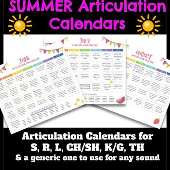 Preview of SUMMER SPEECH ARTICULATION Calendars - Sound Specific (& includes a generic one)