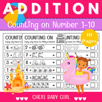 Preview of SUMMER Addition Practice worksheets (Counting On) from Numbers 1-10 kindergarten