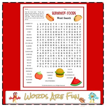 Preview of SUMMER FOODS Word Search Puzzle Handout Fun Activity