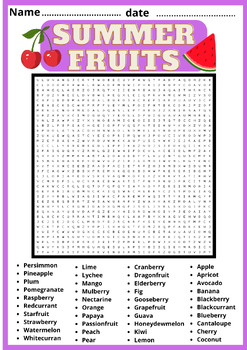 Preview of SUMMER FRUITS WORD SEARCH  Puzzle Middle School Fun Activity Vocabulary Workshee