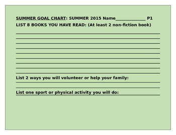 Preview of SUMMER GOAL CHART GRADES 3-5