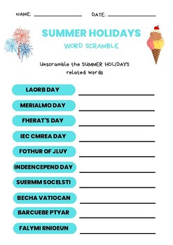 Preview of SUMMER HOLIDAYS Word Scramble Vocabulary Spelling Quiz