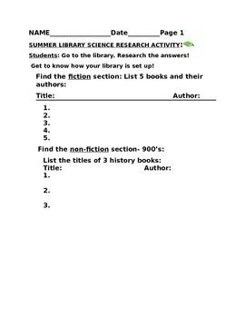 Preview of SUMMER LIBRARY SCIENCE RESEARCH ACTIVITY