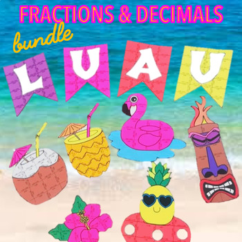 Preview of SUMMER MATH REVIEW CENTERS FRACTIONS & DECIMALS PRACTICE PROJECT LUAU CRAFT