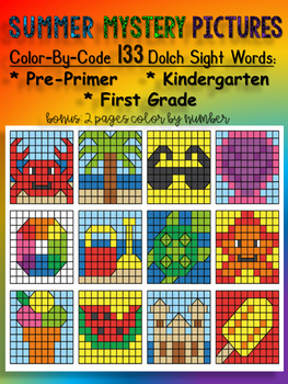 Preview of SUMMER MYSTERY PICTURES COLOR-BY-CODE DOLCH SIGHT WORDS (132)