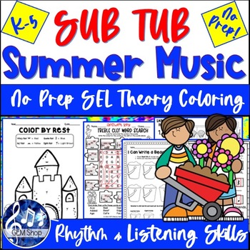 Preview of SUMMER MUSIC Sub Tub Plans Worksheet SEL Coloring Theory No Prep Activities
