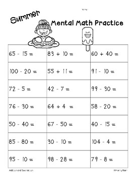 summer mental math 2 digit addition and subtraction practice worksheet