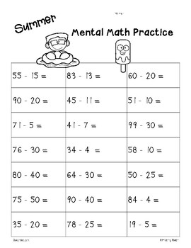 summer mental math 2 digit addition and subtraction practice worksheet pack of 3