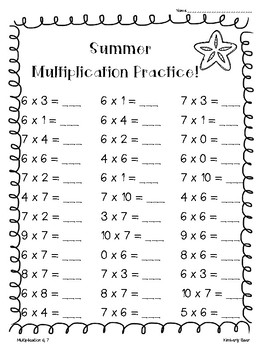 summer multiplication practice pack 6 worksheet pages 0 10 facts