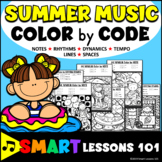 Preview of SUMMER Music COLOR by CODE WORKSHEETS Note Rhythm Dynamic Tempo Coloring Pages
