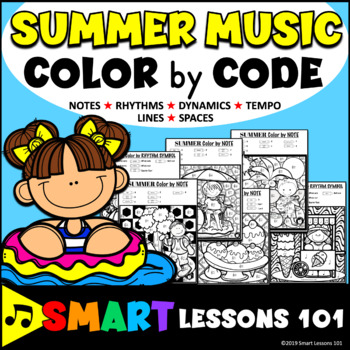 Preview of SUMMER Music COLOR by CODE WORKSHEETS Note Rhythm Dynamic Tempo Coloring Pages