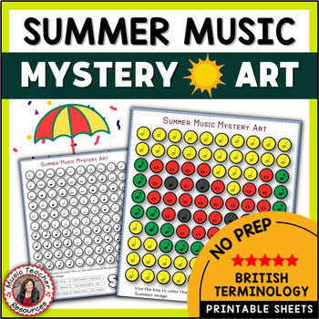 Preview of SUMMER Music Theory Worksheets - Music Mystery Art Colour Pages