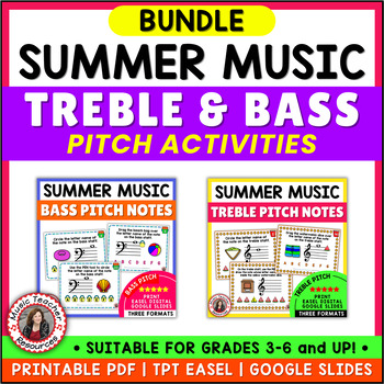 Preview of SUMMER Music Treble and Bass Clef Worksheets  BUNDLE
