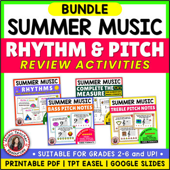 Preview of SUMMER Music Worksheets - Rhythm, Treble and Bass Clef Worksheets BUNDLE