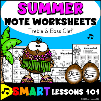 Preview of SUMMER Note Worksheets & EASEL Activity Summer Music Lessons Treble Clef Bass