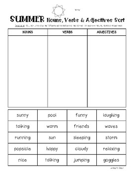 summer nouns verbs and adjectives sorting worksheet pack