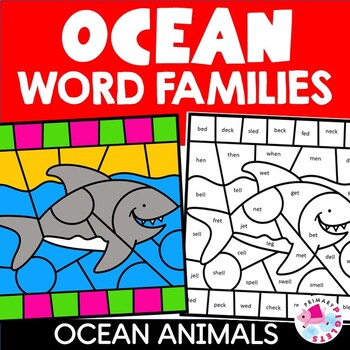 Preview of Summer Ocean Animals Color by Code Word Families Phonics Coloring Pages