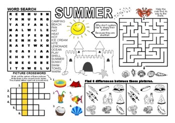 Preview of SUMMER, SEASONS, Puzzle Placemat, Crossword Puzzles, UK English, A4 printable