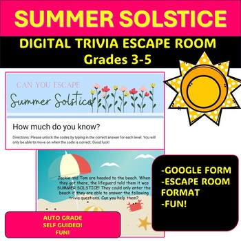 Preview of SUMMER SOLSTICE DIGITAL ESCAPE ROOM END OF YEAR SUMMER FUN! grades 3-5