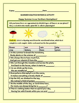 summer solstice rhyming activity w answer key tpt