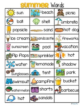 summer vocabulary list 32 words and pictures free by kidsparkz tpt