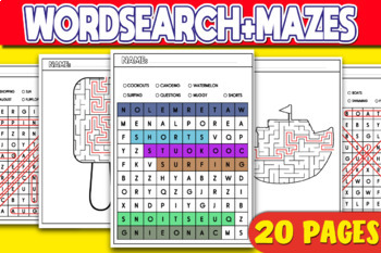 Preview of SUMMER Word Search | Mazes Puzzle Book for kids | Boat, Lemon, Whale, Airplane